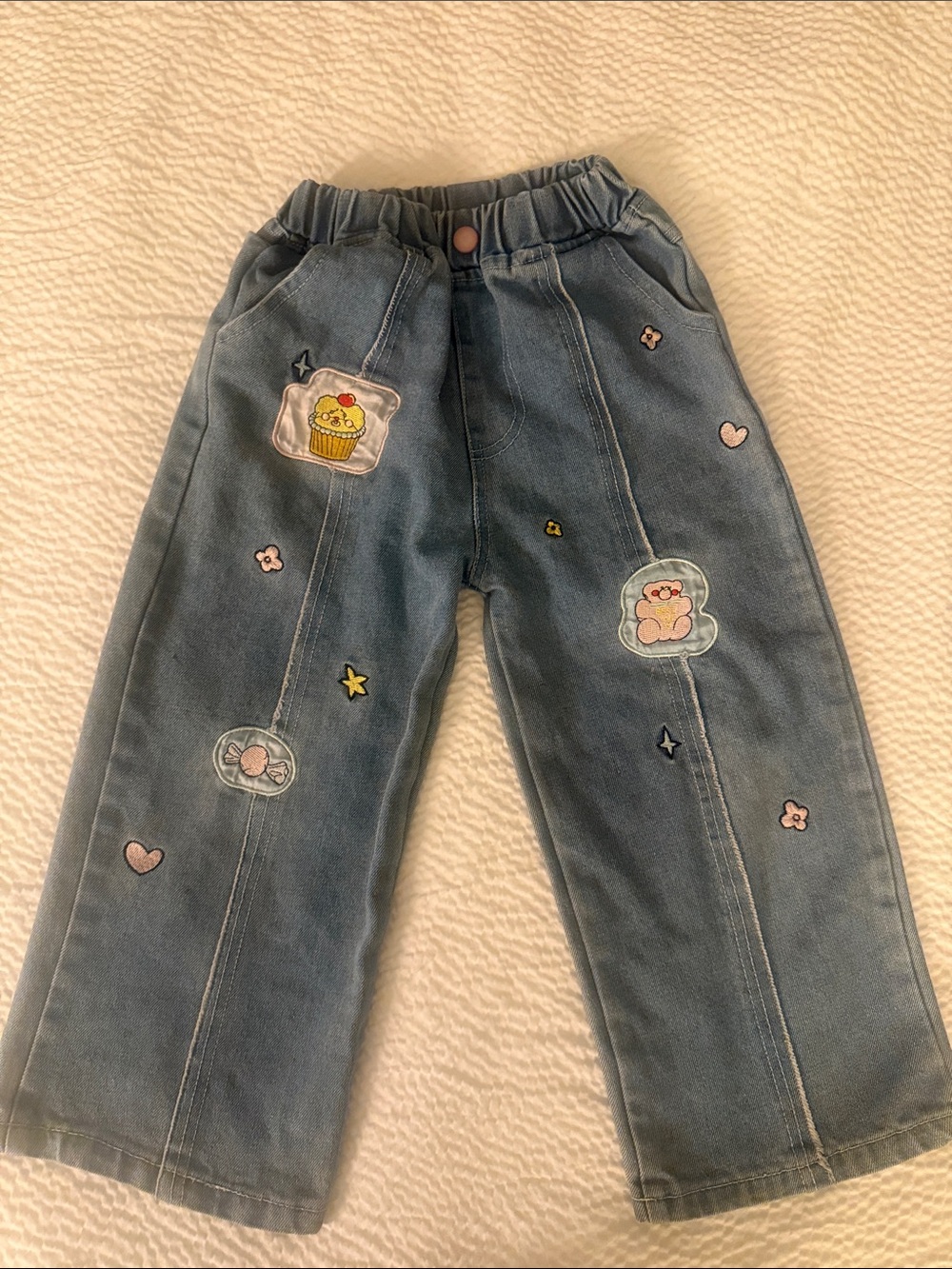 Kids Blue Denim Patchwork wide leg Pants with Cute Embroidered Details